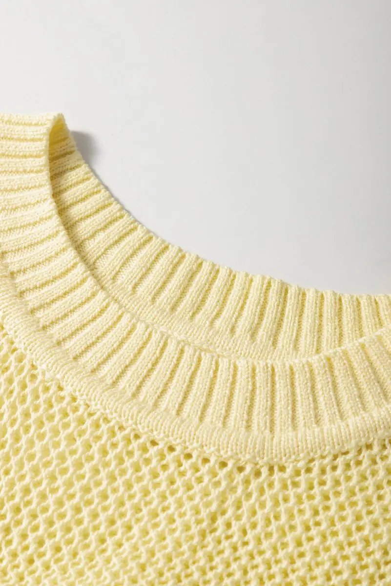 Yellow Solid Color Hollowed Knit Round Neck Sweater Vest - Love Salve